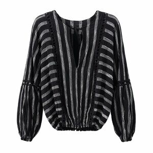 Revolve Beach Riot Black/White Striped Boho Blouse w/cut-out, crochet detail, xs
